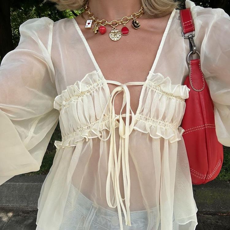 Neues sexy durchsichtiges Sonnenschutz-Design für Damen mit V-Ausschnitt und Schnürung, langärmlig, plissiert, vielseitiges Chiffon-Top