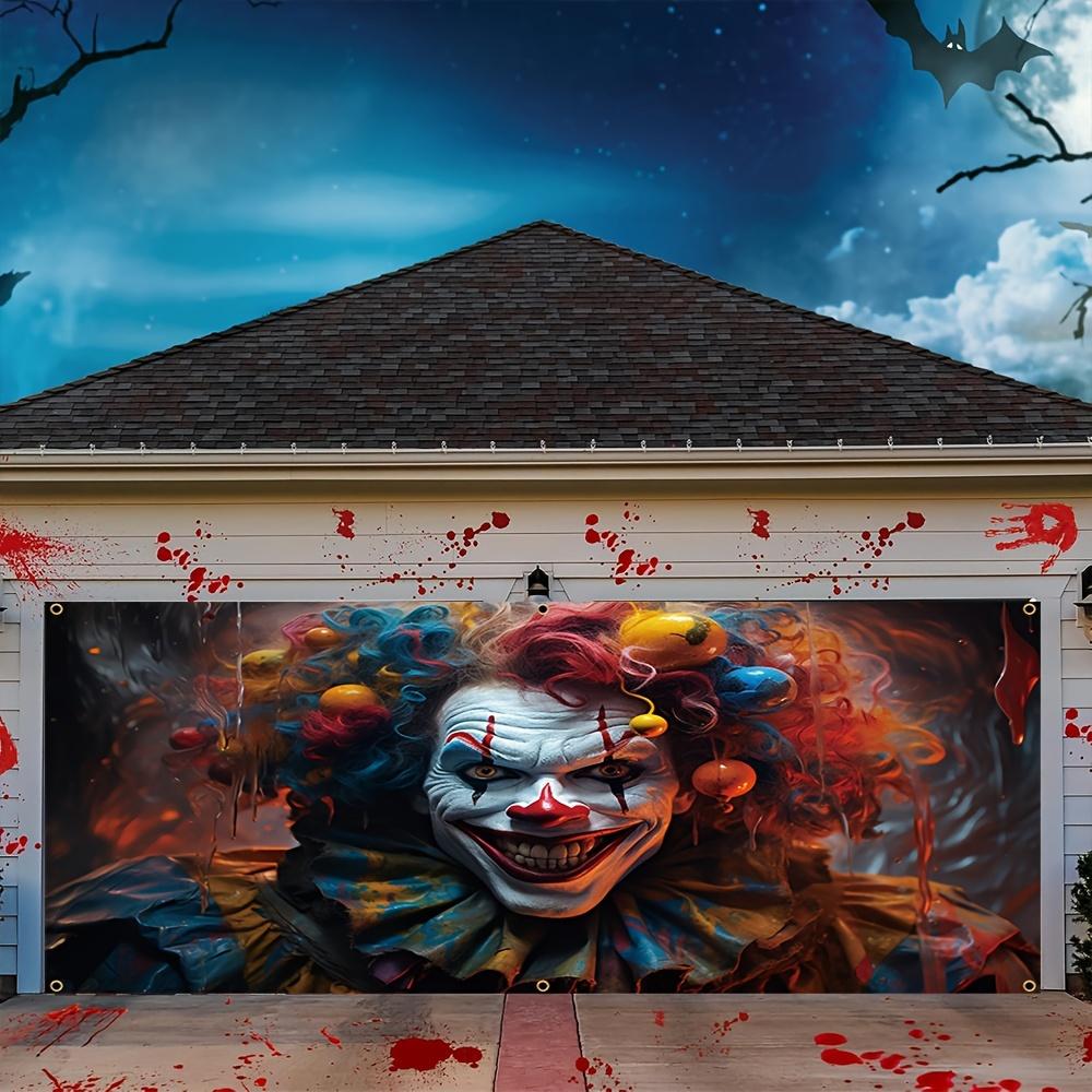 Horror-themed party background Halloween clown garage door banner creepy night entrance mural decoration