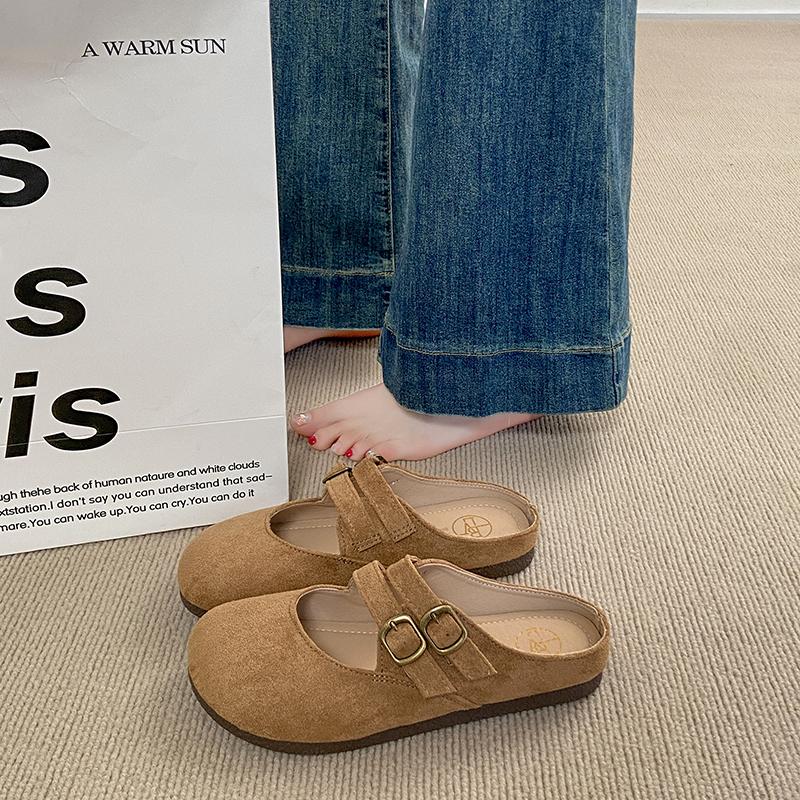 

CRLAYDK Женские мюли без спинки, слипоны с ремешком и пряжкой, плоские лоферы, домашние тапочки для леди, замшевые, повседневные, нарядные, уличные шлепанцы 40