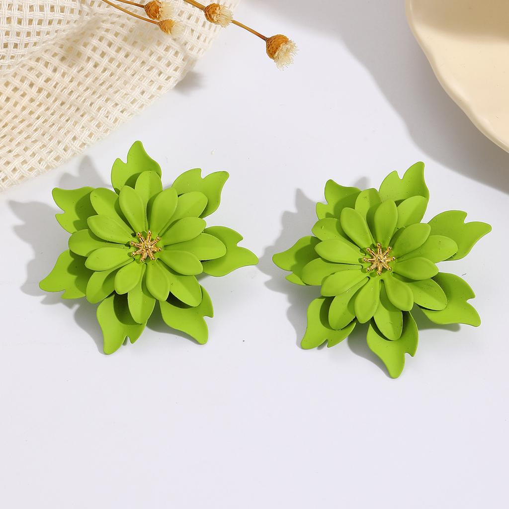 Fashion and Fresh Candy Color Spray Paint Stud Earrings Temperament Versatile Vacation Style Three-layer Flower Earrings Gold Stamen Earrings