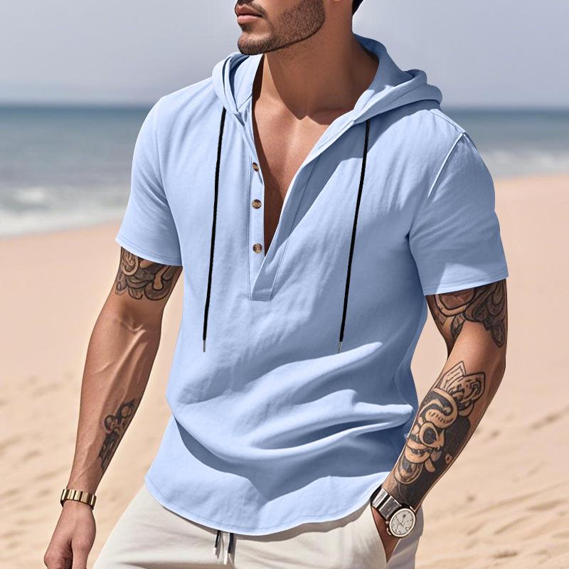 New Men's Casual Linen Hooded Henry Shirt Short-sleeved Shirt Men