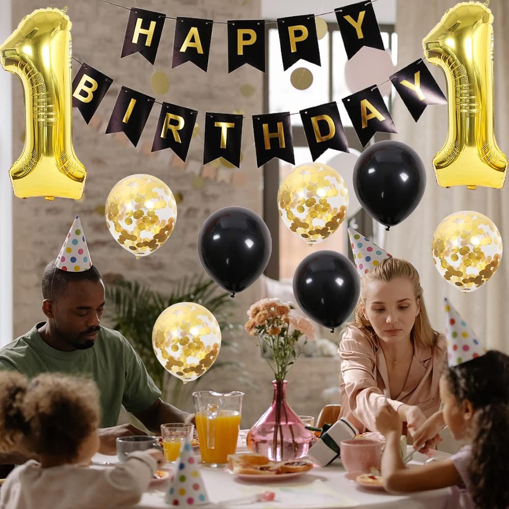 Chaungfu12 Birthday Party Supplies Gold Number 12 Foil Balloon Happy Birthday Banner Kit 12th Birthday Decoration Black Gold Latex Confetti Balloon