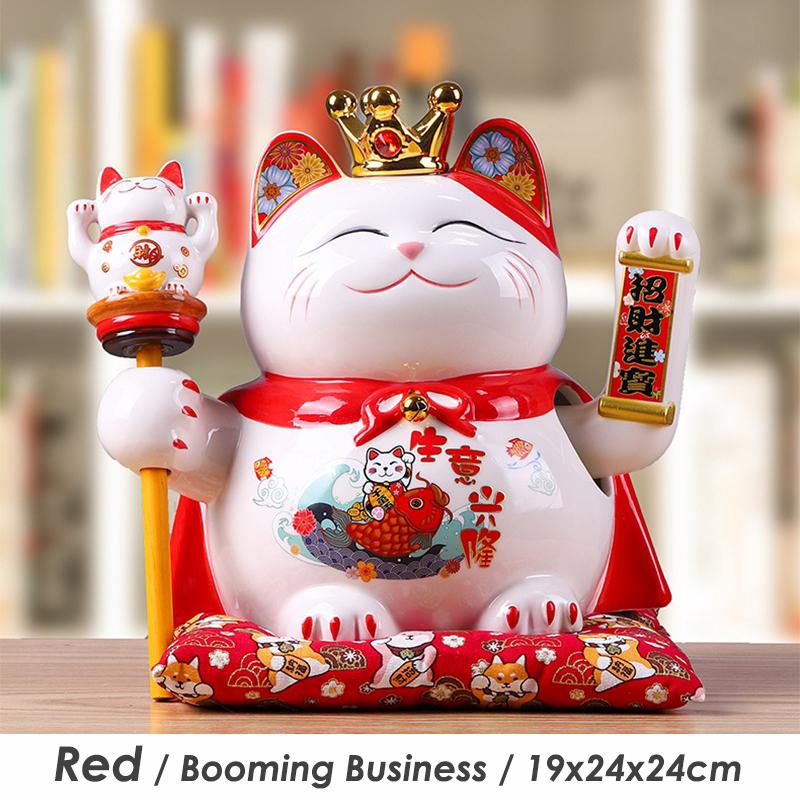9,5 Zoll Keramik Winkende Katze Maneki Neko Ornament Feng Shui Dekoration Schaukel Glückskatze Batteriebetriebenes Geschäftsgeschenk
