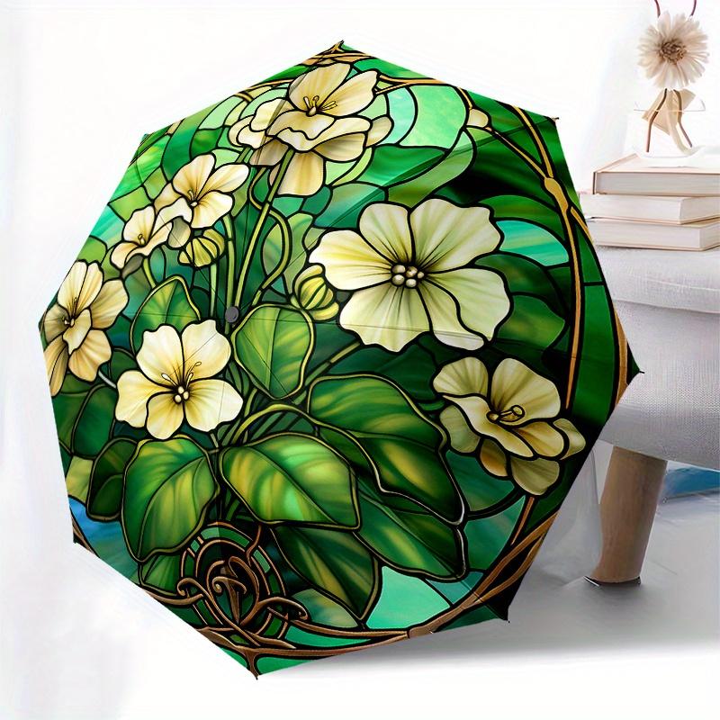 Stained Glass Window Panel with White Flowers, Circular Art Decor Umbrella, Cute Umbrella with Cute Design, Portable 3-Fold Compact Umbrella for Men &