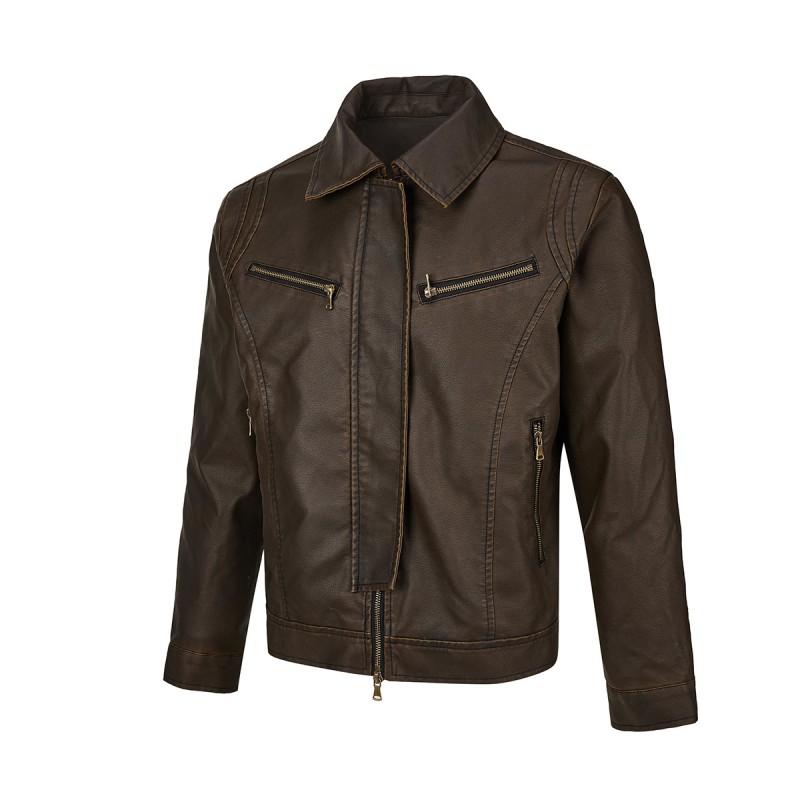 Mens Vintage Washed PU Leather Biker Jacket Loose Fit Streetwear Collar Coat