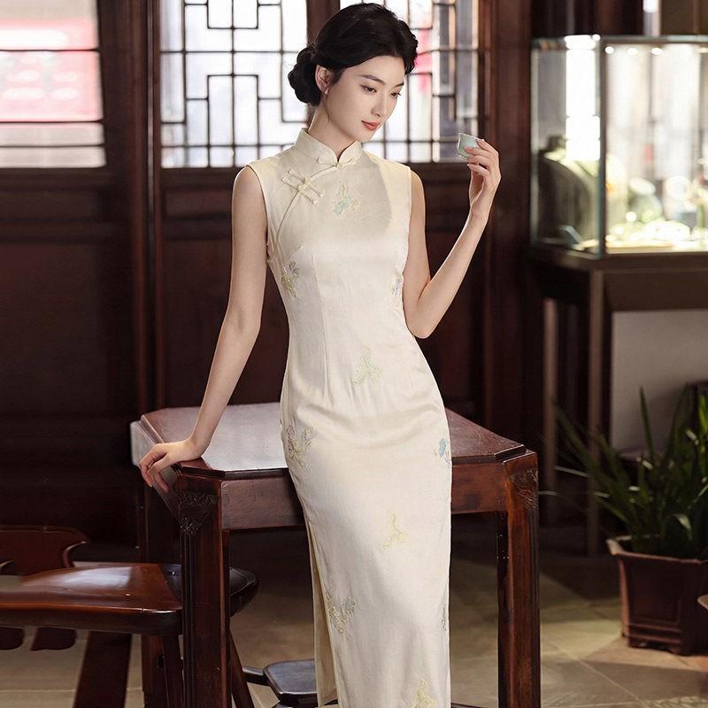 Elegant Sleeveless Chinese-Inspired Cheongsam Dress With Embroidery Modern Fit 2026 Womens Plus Size