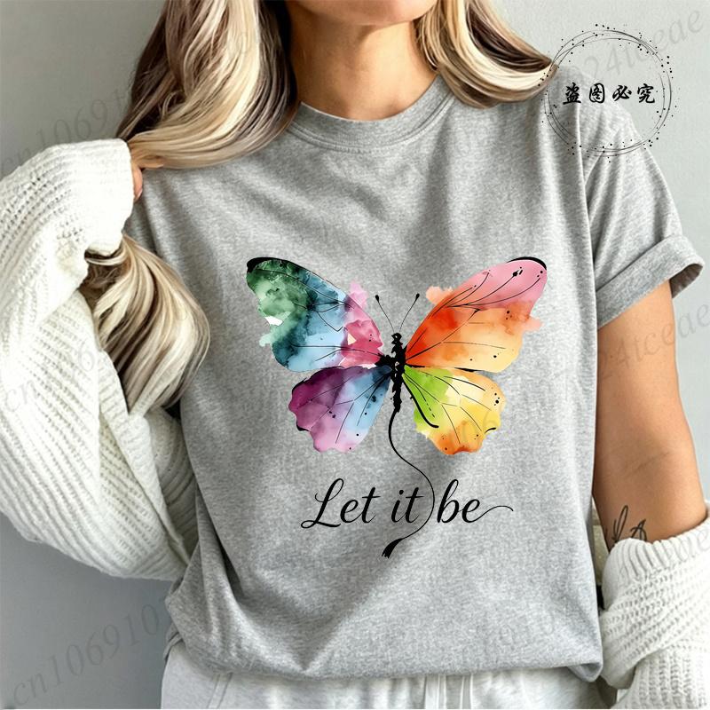High Street T-Shirt Let It Be Rainbow Butterfly Print Shirt Fashion T-shirt Watercolor Butterfly Women Tee Summer Brand Tops