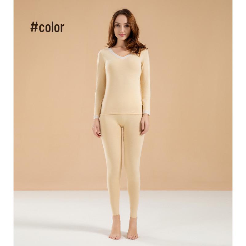 Women's V-Neck Pure Cotton Warm Base Layer Set - Autumn/Winter