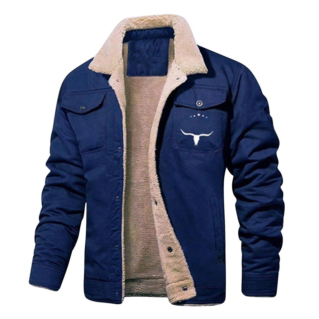Men's Solid Color Button Pocket Work Jacket Men's Casual Plush Coat