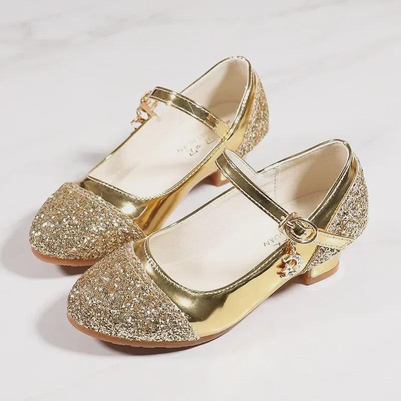 Frozen Silver Korean High Heel Princess Shoes for Girls - Leather Elsa Dance Shoes