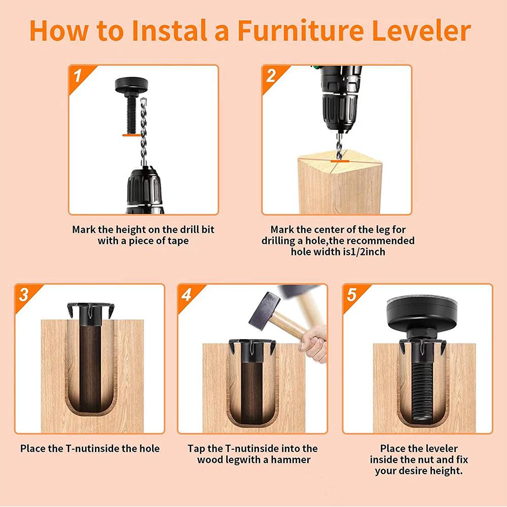 4x 3/8" Threaded Leveling Feet Adjustable Table for Tables Chairs Cabinets Sofa