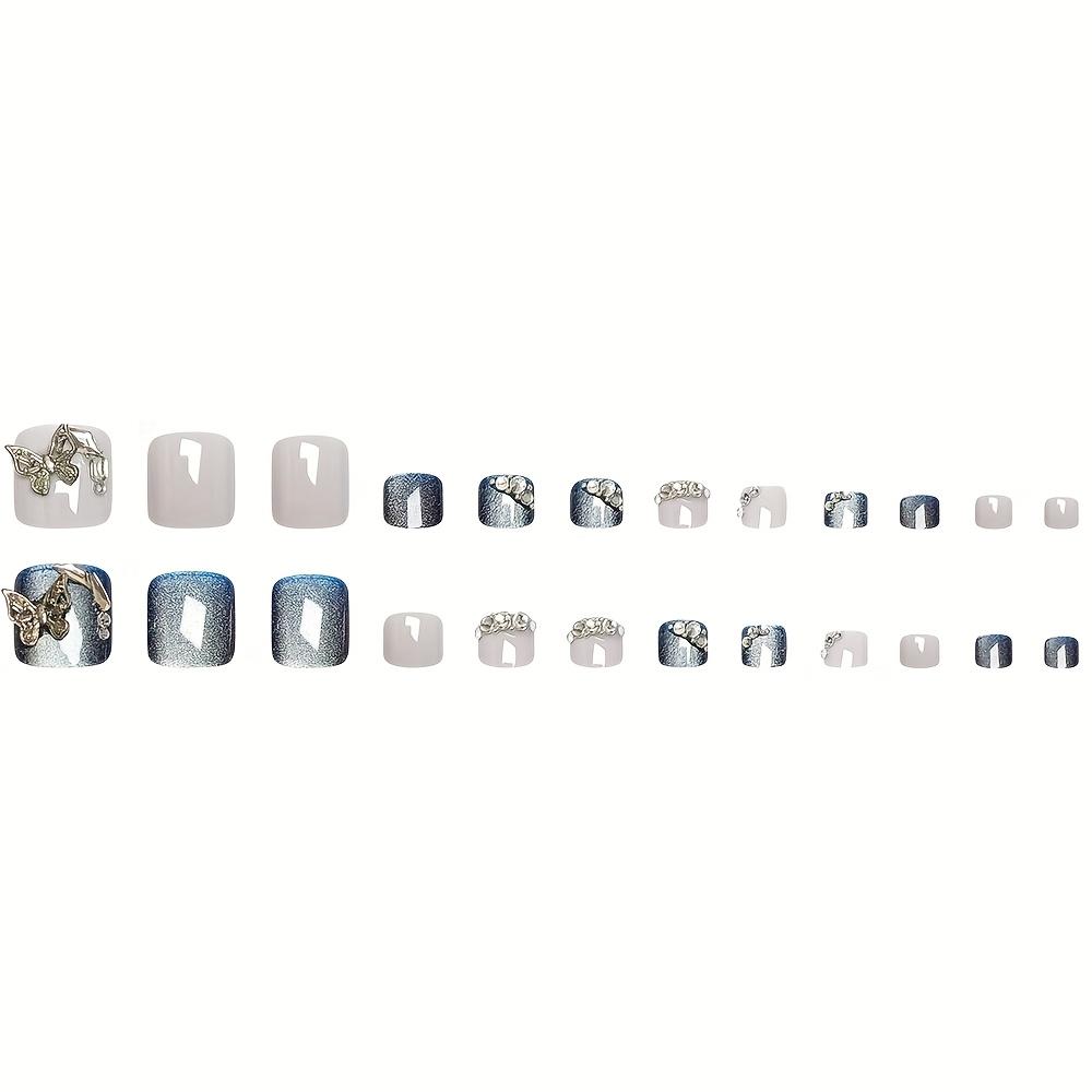 Set of 24 Shiny Artificial Toe Nails In Blue Featuring Butterflies And Rhinestones Reusable for Women