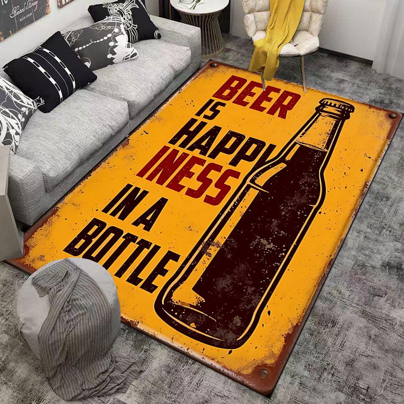 Bier-Themen-Teppich mit Flaschenaufdruck und Text auf gelbem Hintergrund Geeignet für die Verwendung als Anti-Rutsch-Matte für Wohnzimmer, Schlafzimmer, Sofas