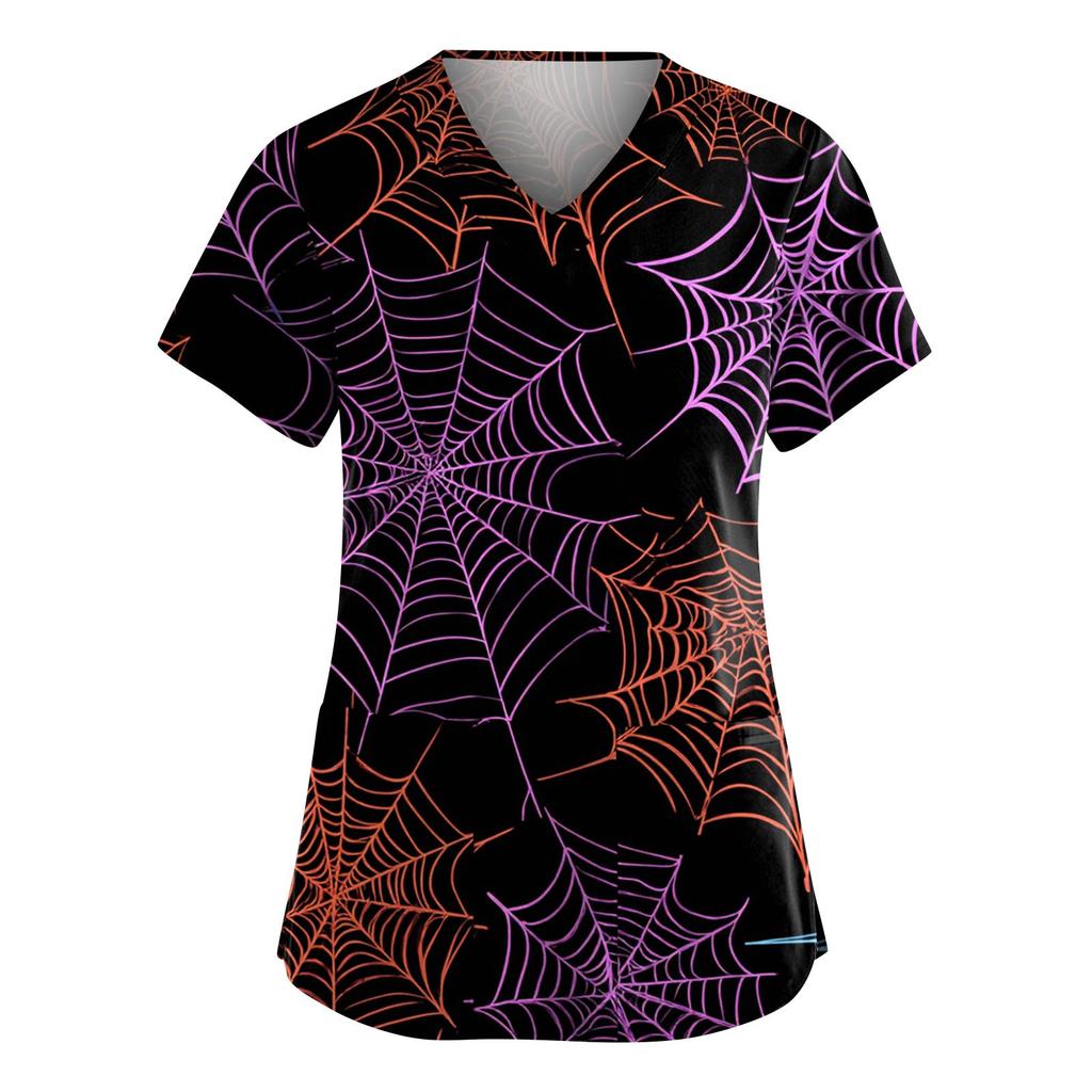 Women's Fashion V-Neck Short Sleeve Overalls With Pockets Halloween Printed Tops  Apparel