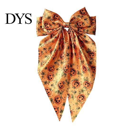 Pumpkin Hair Decorations Large Halloween Bows for Women Girls, Vintage Ribbon Barrette Clips with Long Satin Accessories Tails, Ghost/Pumpkin/Blood