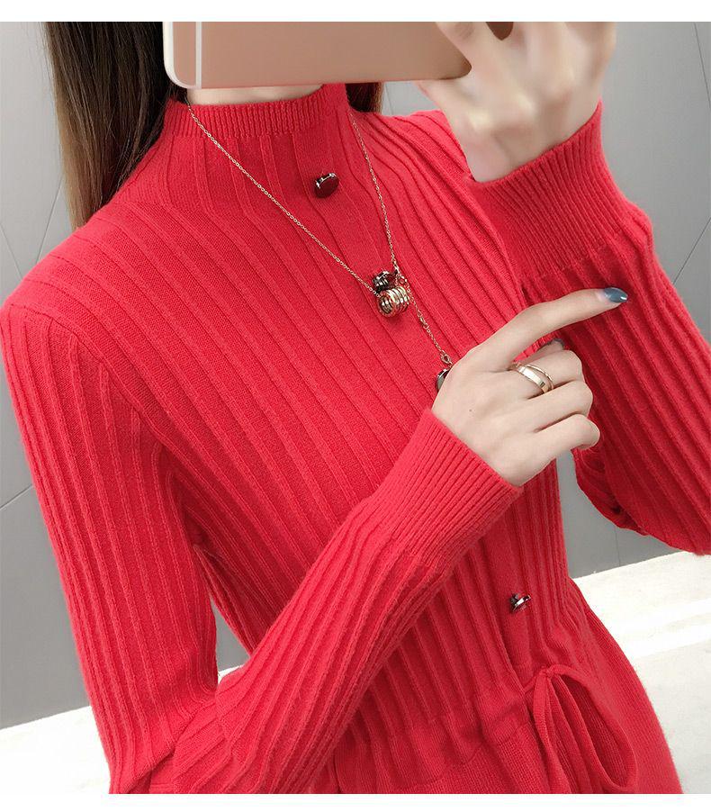 Women's Plus Velvet Thick Mid-Length Knit Sweater Dress - Loose Fit with Lace and Half-High Collar for Autumn and Winter