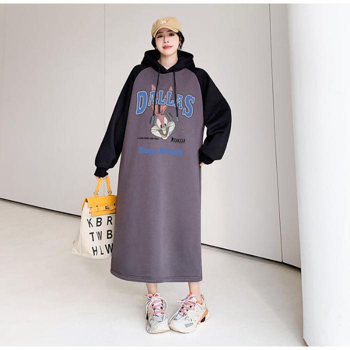 Maternity clothing autumn and winter new hooded pullover sweater medium and long dress large size fleece thickened top coat M темно-серого