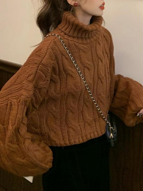 2024 Autumn/Winter Korean Style High Neck Cable Knit Pullover - Loose Fit for Students, Trendy and Lazy Style