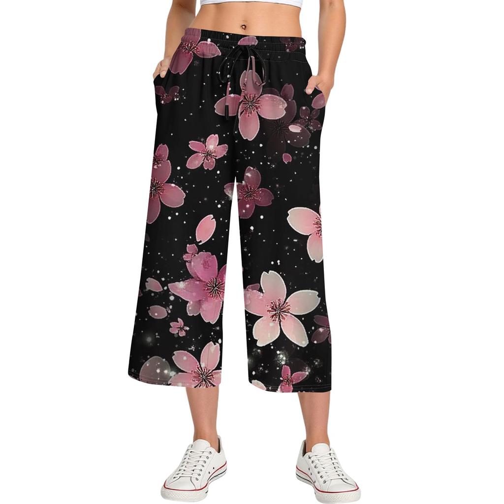 Damen Sommer Hohe Taille Bedruckte Freizeit-Sportbekleidung Lässige Cropped-Hose Weite Hose