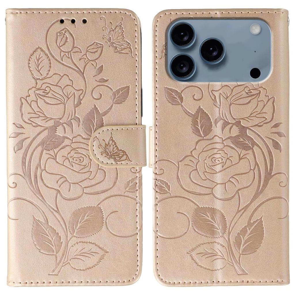 For iPhone 17 Pro Case Wallet Stand Imprinted Rose Butterfly PU Leather Phone Cover