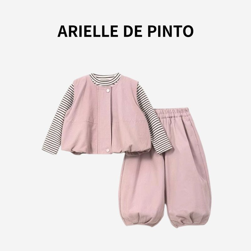 Девочкин костюм Arielle De Pinto, весенне-осенний повседневный стиль, милый полосатый рабочий трехпредметный комплект для девочек Pink 90