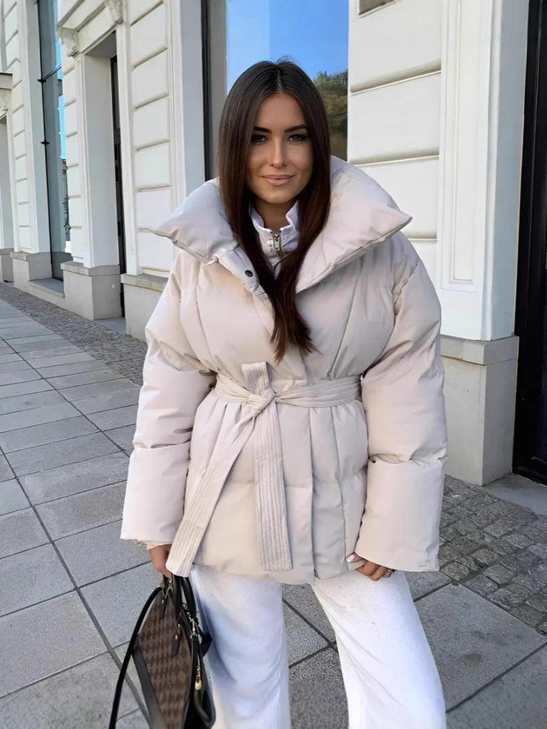 Women's Warm Waist Slimming Long Sleeve Tie Waist Loose Solid Color Fashion Winter Cotton Jacket Coat