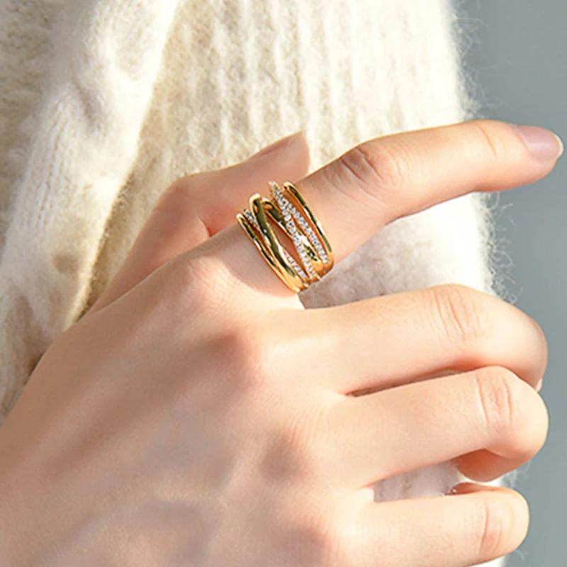 Huitan Gold Color Cross Rings Gorgeous Women Wedding Band Accessories Multi-Layer Shiny Cubic Zirconia Fashion Jewelry for Party