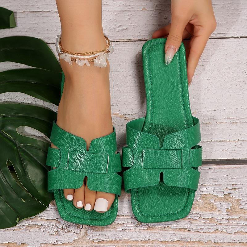 Women Solid Sandals 2025 New Lightweight Square Open Toe Slip on Shoes Casual Beach Flat Slippers Women Slides Women