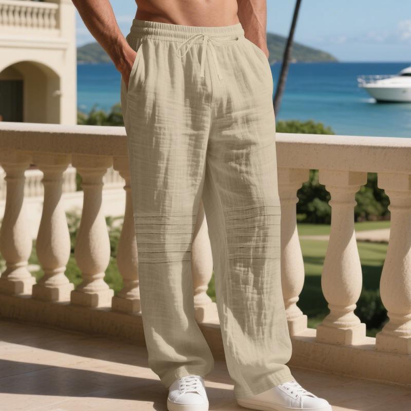 Men Linen Texture Drawstring Pants Elastic Waist Loose Fit Lightweight Breathable Summer Beach Trousers