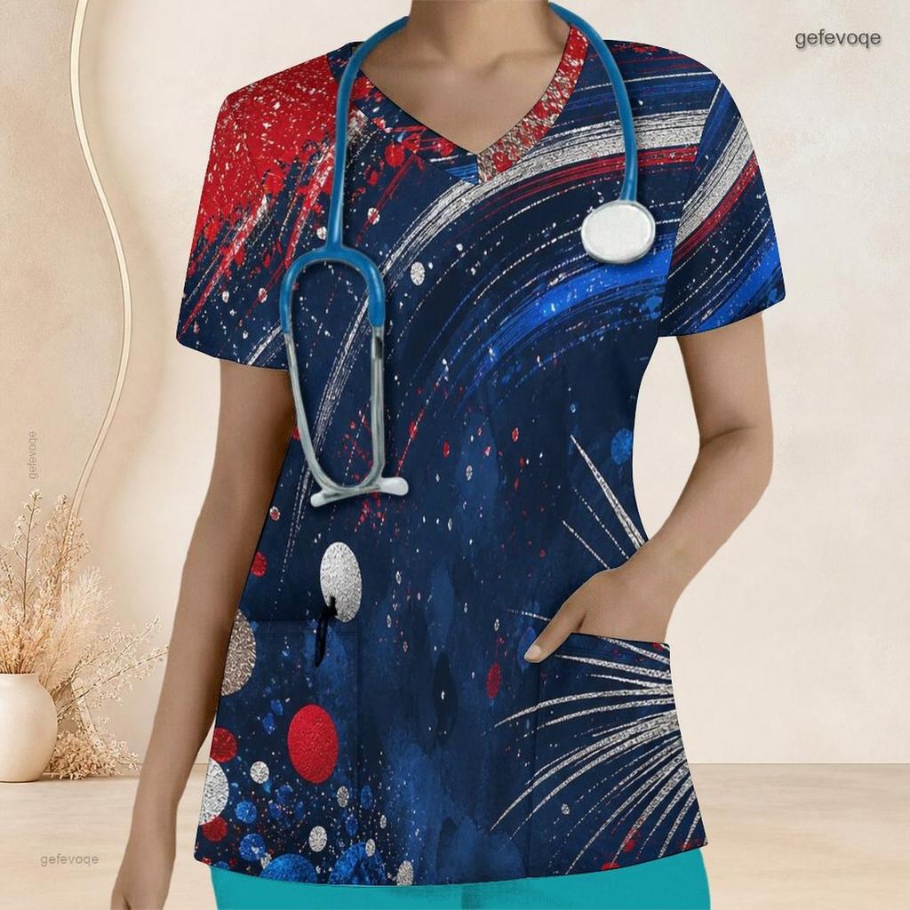 Women Plus Size Navy Red Printed Scrub Top V Neck Short Sleeve With Front Pockets