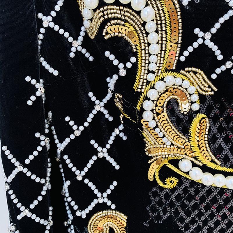 2025 Gold Velvet Long-Sleeve Dress with European & American Heavy Embroidery, Sequins, and Beaded Details