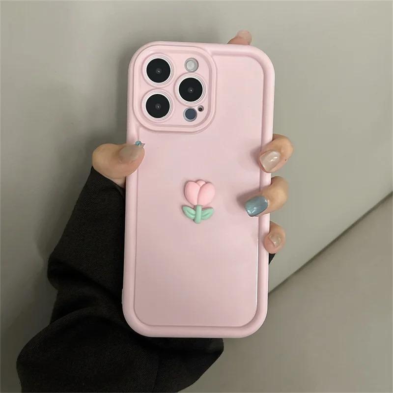 Laccetto Corda Portachiavi con Fiore di Tulipano Carino 3D Custodia per Telefono Per iPhone 17 16 15 14 13 12 11 Pro Max 16E X XS XR 7 8 Plus Copertura Morbida in Silicone