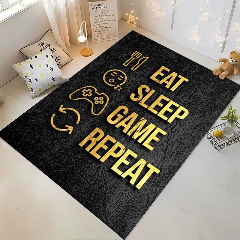 Gaming Carpet with "Eat Sleep Game Repeat" Golden Text Design Suitable for use as an anti-slip for living room bedroom sofas
