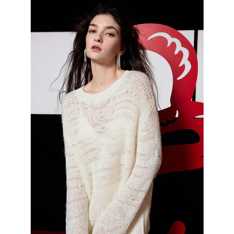 

Sancai 2025 Spring Cloud Shadow Pearl White Round Neck Loose Knit Sweater M