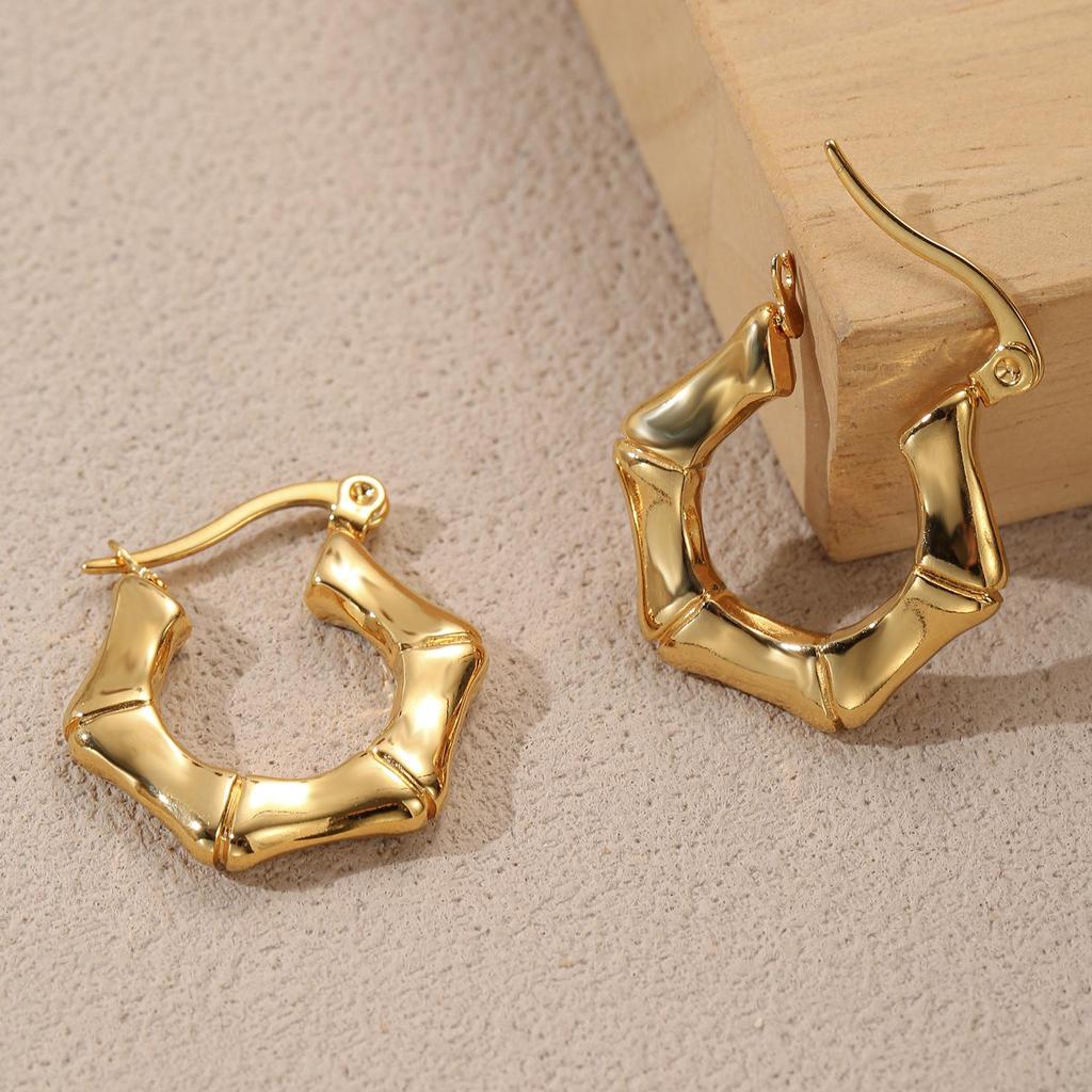 LNCHRAN Stainless Steel & Bamboo Hoop Earrings for Women - Simple & Fashionable