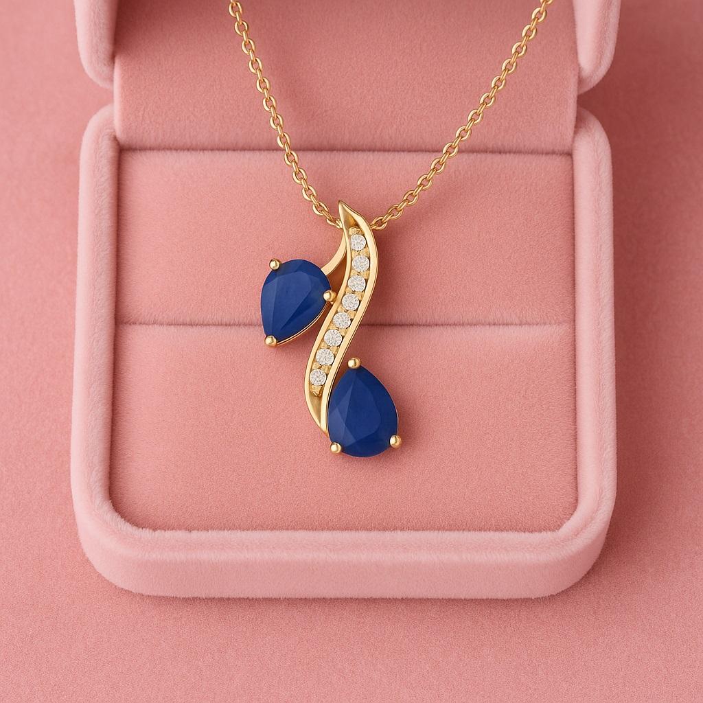 Blue Sapphire Dual Drop Wave Design Pendant - Stelring Silver