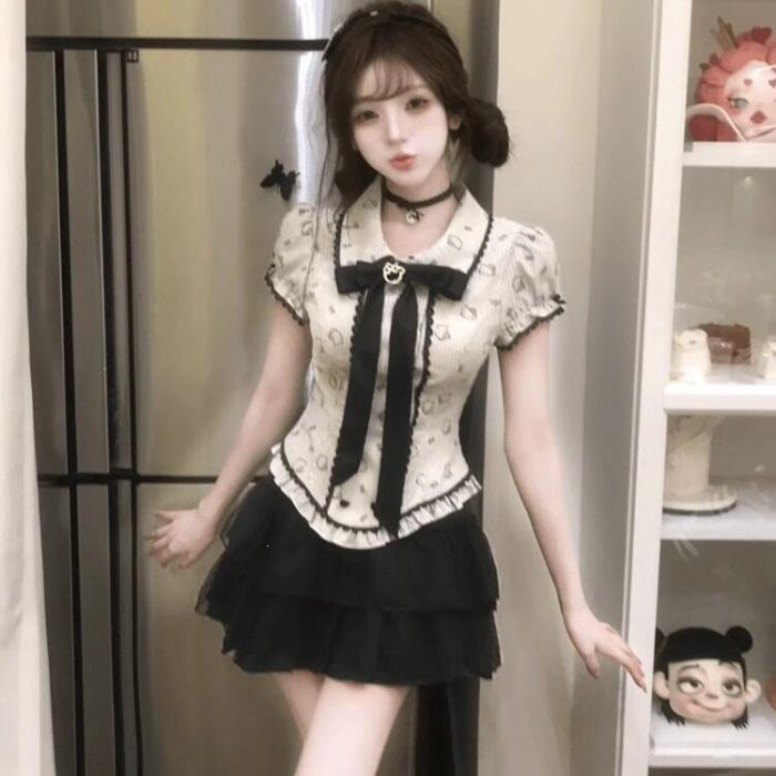 Japanese Sweet College Bow Short Sleeve Waist Shirt Top Women's High Waist Fluffy Cake Skirt Two-piece Set