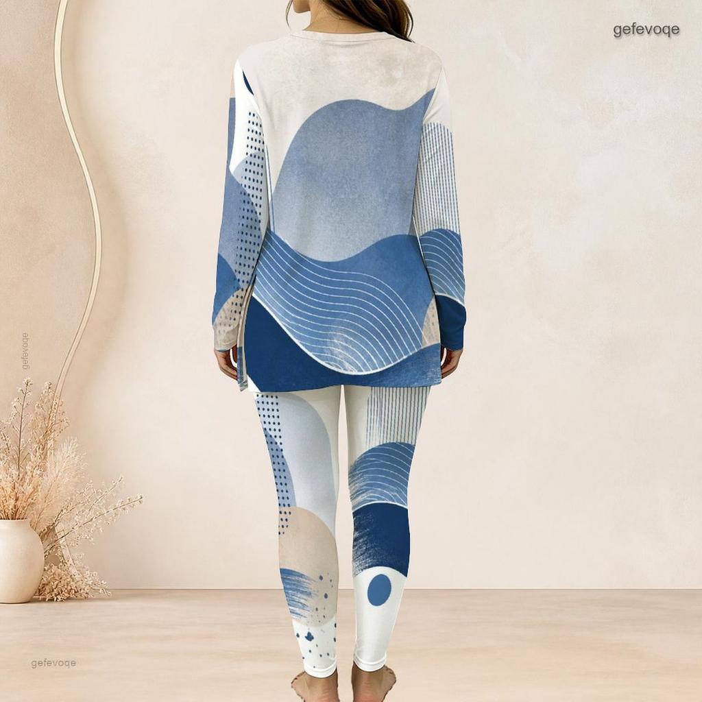 Women Plus Size Colorful Geometric Printed Half Zip Long Sleeve Long Top Fitted Pants Two Piece Set