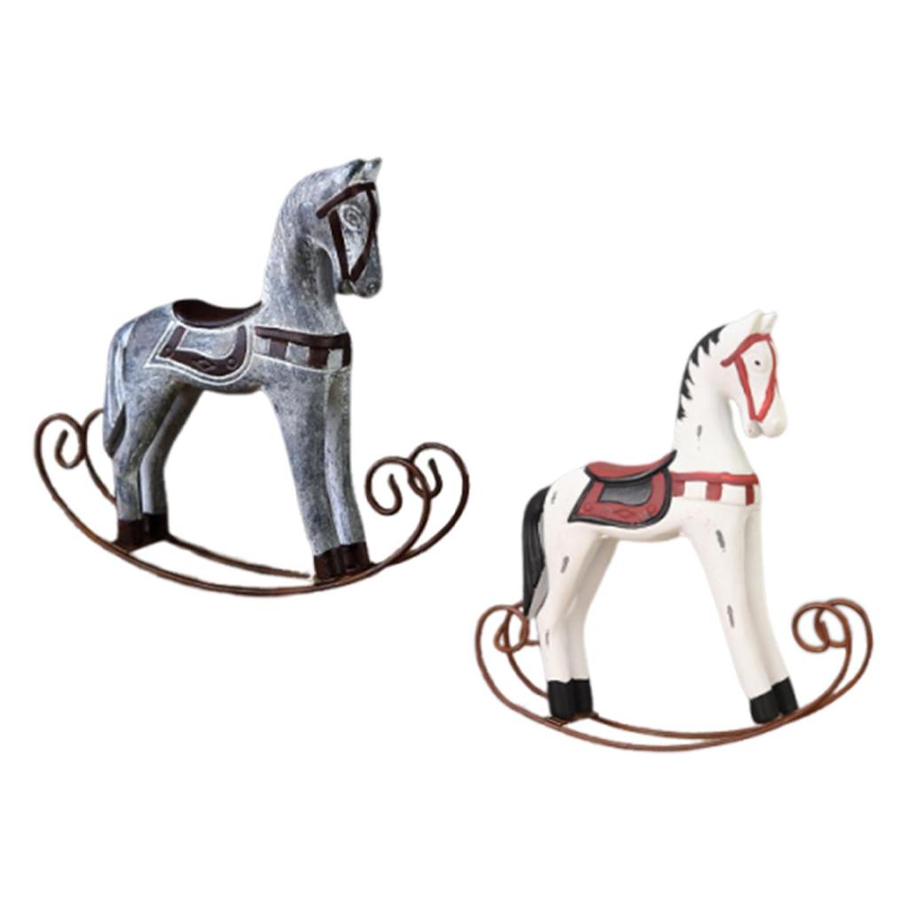 Wooden Rocking Horse Statue Animal Sculpture Collection Desktop Ornament for Nightstand Cabinet Countertop Bookshelf Decor
