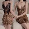 Leopard Print See-Through Nightgown: Sexy Butterfly Spaghetti Strap Loungewear Set for Women