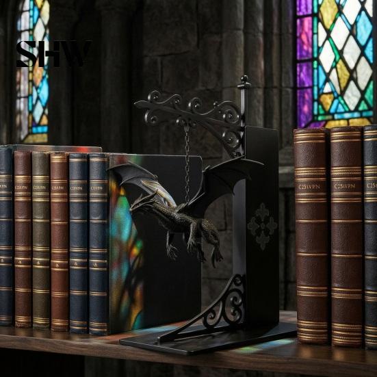 Unique Dragon Decor for Office Flying Bookshelf Light, Decorative Bookend Light & Desk, Iron Book Ends Sculpture Support, Heavy Duty Organizer