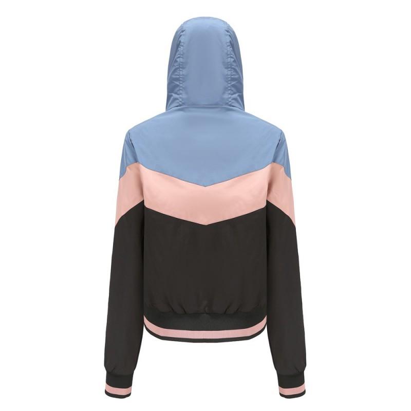 Womens Lightweight Hooded Windbreaker Jacket With Colorblock Design Drawstring Waist Outdoor Use