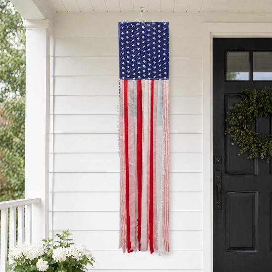 Patriotic Decorations Wreath & Flag Banner, 3D Star Hanging Ornaments for Front Door, Weatherproof Porch Hanging, Outdoor Wall Sign for Independence