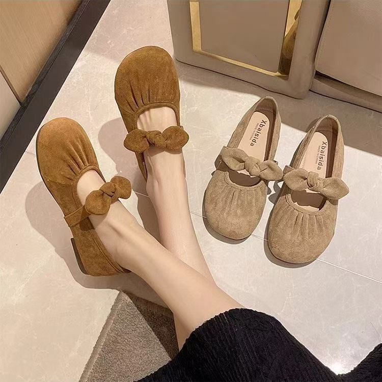Folded Suede Bow Word with Shallow Mouth Single Shoes Spring New Gentle Fairy Style Casual Soft Sole Women's Shoes