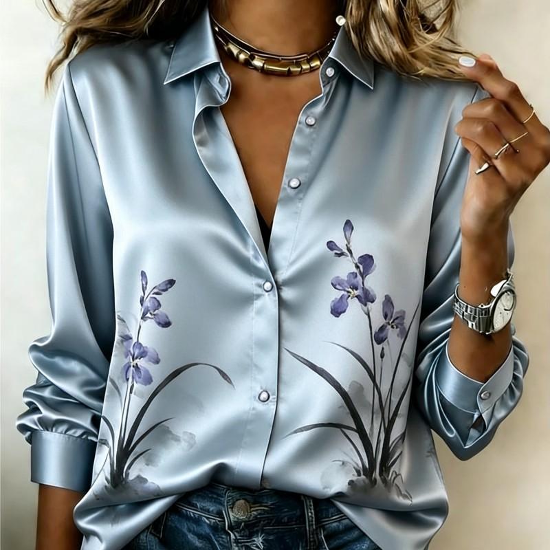 Women Satin Solid Base Ink Wash Orchid Print Shirt Long Sleeve Lapel Button‑Down Blouse Elegant Office Casual Ladies Multi‑Color Top