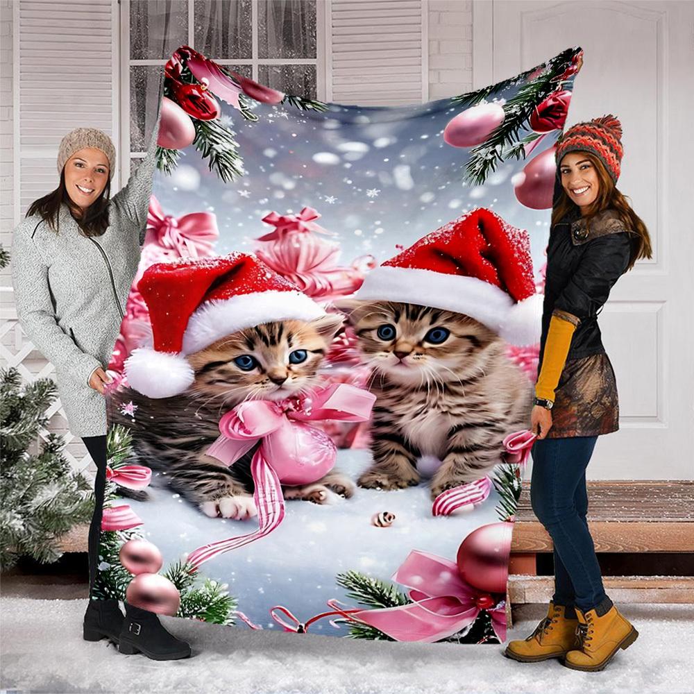 1pc Christmas kittens Outdoor Flannel Blanket Soft All Season Polyester Throw , Perfect for Picnics & Travel , Picnic Accessory