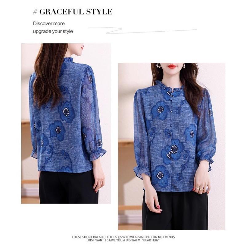 Autumn Fashion Versatile Wood Ear Neck Nine-point Sleeve Printed Chiffon Shirt Women's Long-sleeved Top Stand-up Collar Shirt