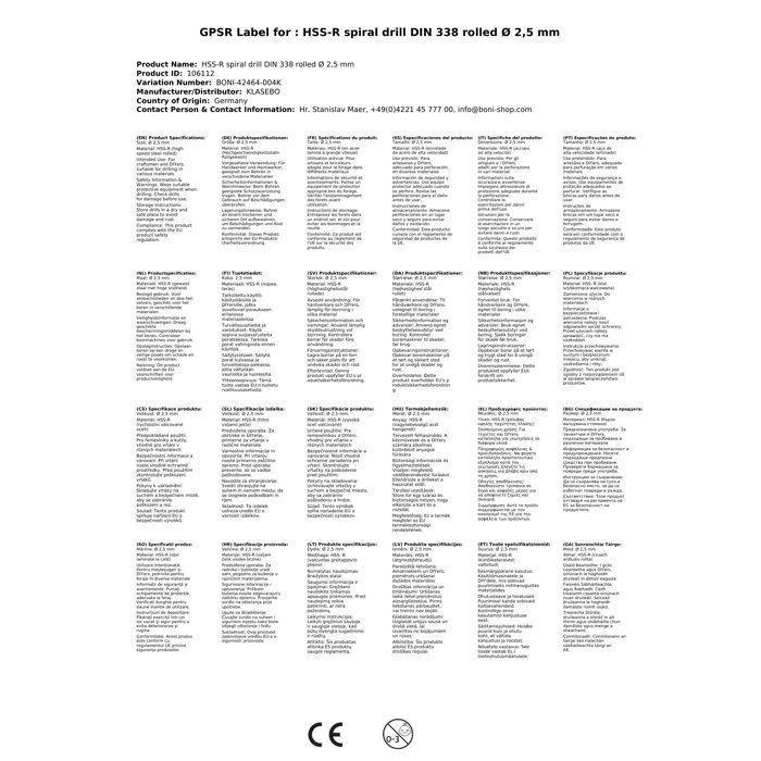 Broca helicoidal HSS-R DIN 338 laminada Ø 2,5 mm