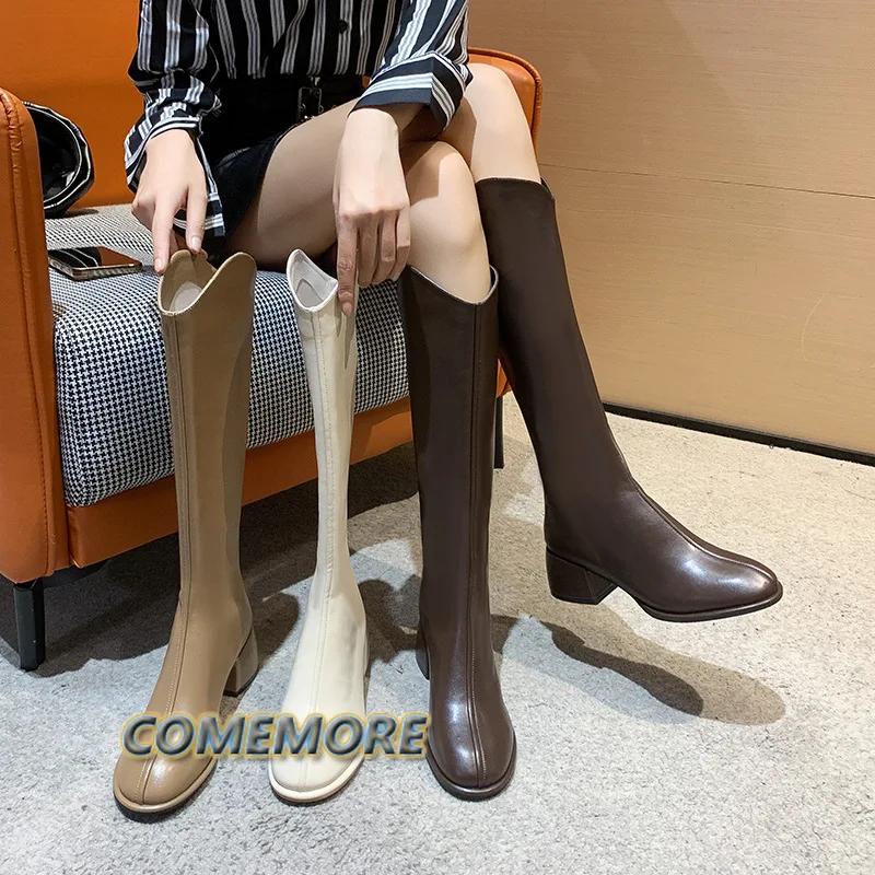 Fashion 2025 Fashion Women‘s Boots Soft Leather Knee High Boots Women Zipper Female Square Heel Woman Shoes Autumn Winter Knight Boot PU