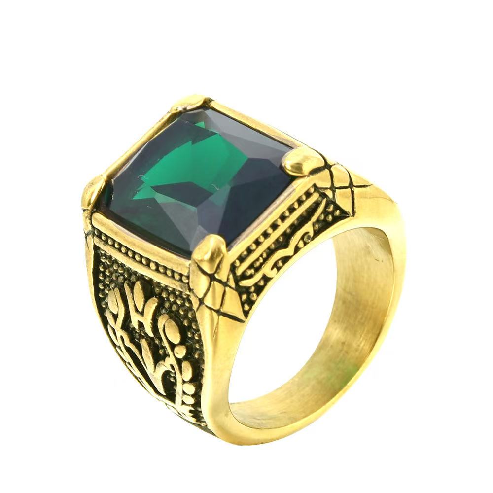 Vintage Big Green/Black/Red/Blue Color Stone Rings for Men Stainless Steel Fashion Punk Handmade Carved Tulip Ring Party Jewelry